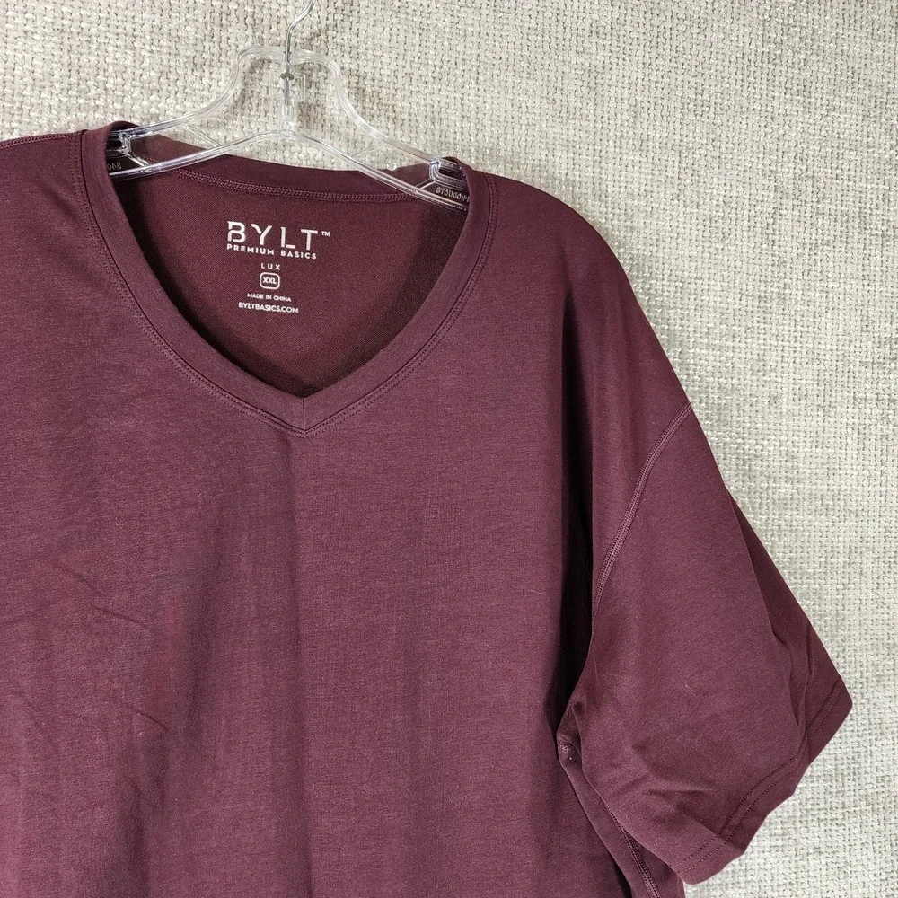 BYLT V-Neck Lux Tee Shirt Mens XXL Burgundy Short Sleeve Performance Gym Nice
